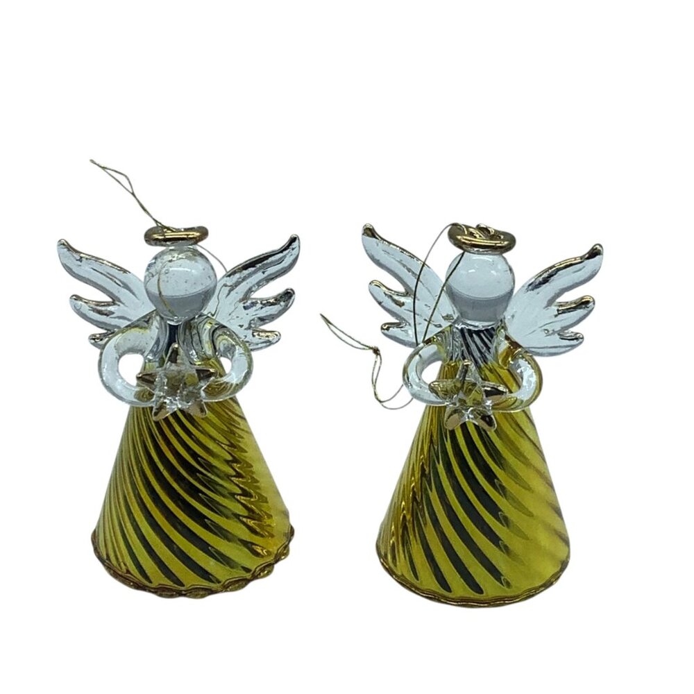Vtg STRADIVO Hand Blown Crafted Gold Glass Angel Christmas Ornaments 3" Set Of 2